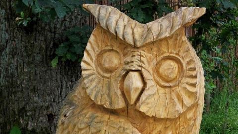 Eine geschnitzte Eule steht aufrecht im Grünen, mit detaillierten Federn und großen Augen, die neugierig in die Umgebung blicken.