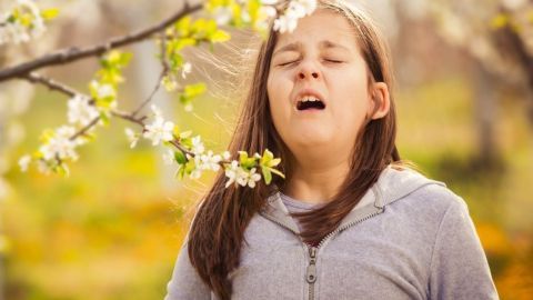 Ein Mädchen niest in einer blühenden Naturumgebung, umgeben von Blumen und frischen Blättern.