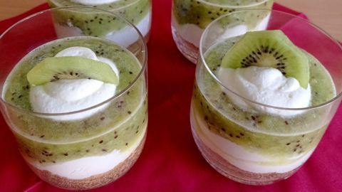 Leckere Kiwi-Schichtdesserts in Gläsern mit Sahnehaube und frischen Kiwis auf rotem Untergrund serviert.