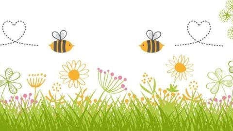 Zwei Bienen fliegen über eine bunte Blumenwiese, umgeben von frischem, grünem Gras, was die Bedeutung des Weltbienentags hervorhebt.