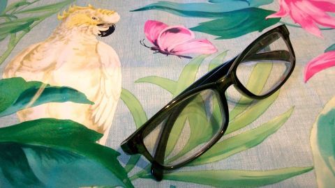 Eine Gleitsichtbrille liegt auf einem bunten, blühenden Muster mit Pflanzen und einem Vogel.