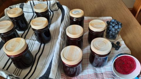 Gläser mit Heidelbeermarmelade stehen auf einem Tisch, umgeben von frischen Heidelbeeren und einem Tuch.