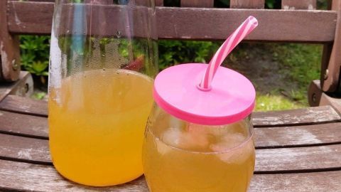 Ein Glas mit kaltem Pfirsichtee und ein Krug stehen auf einer Holzbank im Freien, umgeben von grünen Pflanzen.