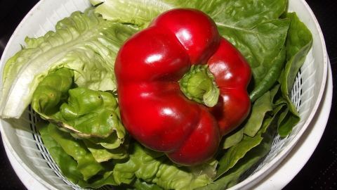 Um Salat ohne großen Aufwand richtig zu waschen, muss man ihn einfach in das mit kaltem Wasser gefüllte Küchenwaschbecken legen, in das man vorher einen kleinen Schuss Essig hineingegeben hat. Frischer Salat und eine rote Paprika liegen in einer Schüssel, bereit zum Waschen mit Wasser und Essig.