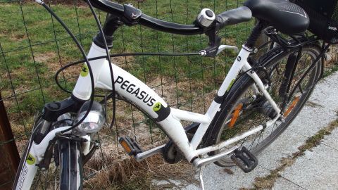 Mit Backofenspray wird das Fahrrad wieder glänzend sauber! Ein sauberes Fahrrad steht neben einem Grasbereich, während es mit Backofenreiniger geputzt wird, um Schmutz zu entfernen.