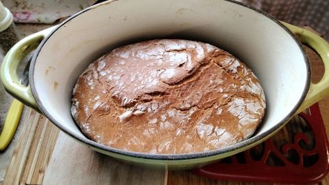Ein rustikales Brot mit verschiedenen Mehlsorten und Walnüssen ruht in einem ovalen Topf in einer Küchenumgebung.