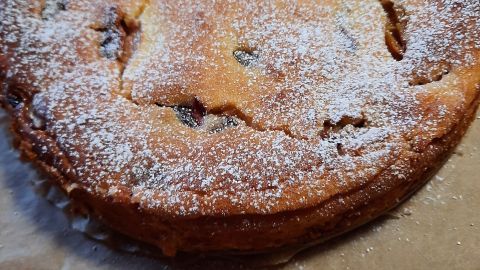 Ein saftiger Zwetschgen-Grieß-Kuchen liegt auf Backpapier, bestäubt mit Puderzucker, bereit zum Servieren.