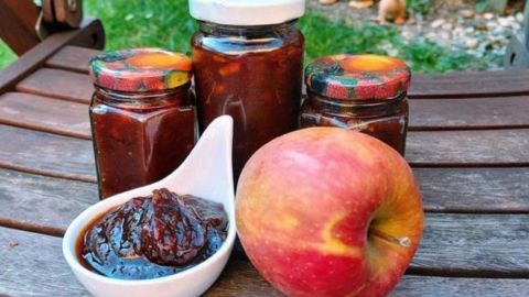 Ein roter Apfel liegt neben einer Schale mit dicker Apfelbutter und zwei Gläsern auf einer Holzoberfläche im Freien.