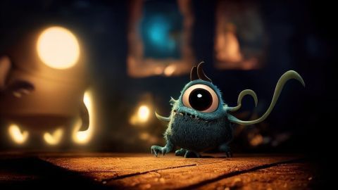 Ein kleines, pelziges Wesen mit einem großen Auge steht neugierig auf einem Holzboden, umgeben von sanften Lichtquellen.