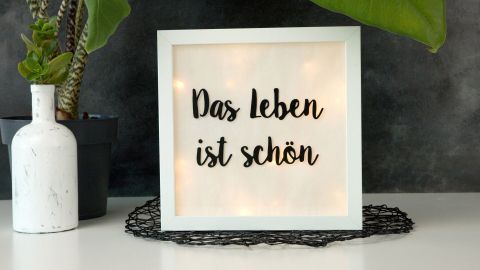 Ein Lichtkasten mit der Aufschrift „Das Leben ist schön“ steht auf einem Tisch, umgeben von Pflanzen und Dekoration.