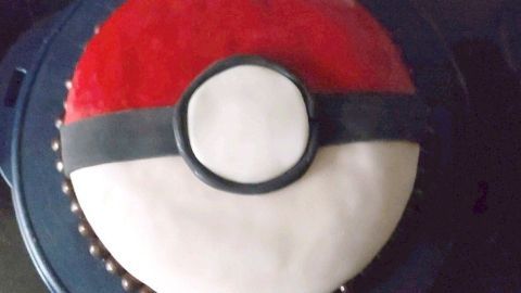 Ein runder Pokémon-Kuchen in Pokéball-Design liegt auf einem blauen Teller und wartet auf den nächsten Geburtstag.