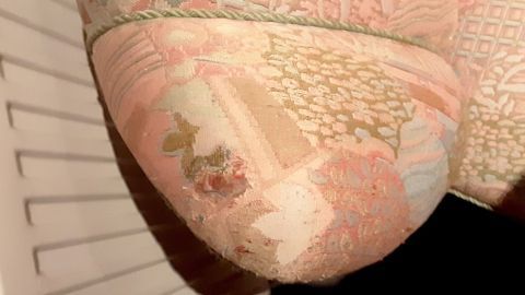 Ein gepolsterter Sofa-Eck ist sichtbar, mit Kratzern auf dem Stoff, die seine Oberfläche beschädigen.