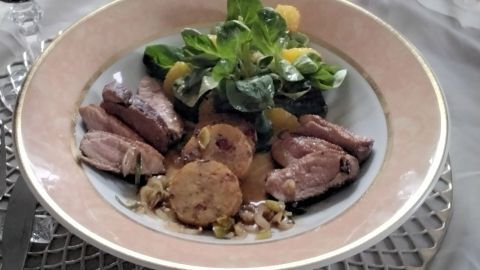 Auf dem Teller liegt zarte Entenbrust mit Orangensoße, begleitet von Semmelknödel-Talern und frischem Salat.
