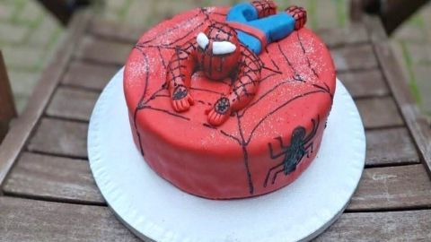 Ein roter Spidermankuchen liegt auf einem weißen Teller, mit einer Spiderman-Figur und einem Spinnennetz-Muster darauf.