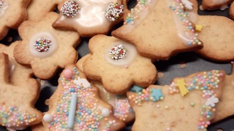 Bunte Plätzchen liegen auf einem Blech, verziert mit buntem Zuckerguss und Streuseln, bereit zum Genießen.