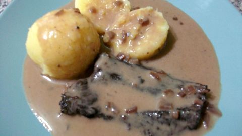 Ein zartes Rindersteak liegt in einer cremigen Rotwein-Sahnesoße, umgeben von Kartoffelknödeln auf einem blauen Teller.