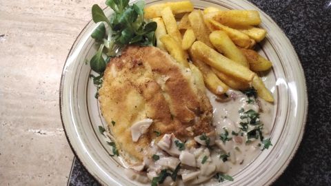Eine große Portion Putenschnitzel liegt auf einem Teller, umgeben von knusprigen Pommes frites und Steinpilzsoße.