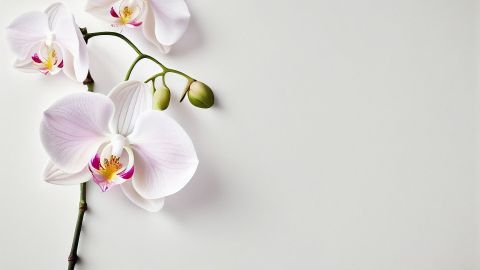 Eine elegante Orchidee mit mehreren Blüten und Knospen liegt auf einem hellen Hintergrund und bringt Farbakkente ins Dekor.
