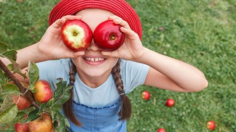 Ein Mädchen hält Äpfel vor ihrem Gesicht und lächelt, während sie auf einer grünen Wiese steht, umgeben von Obstbäumen.