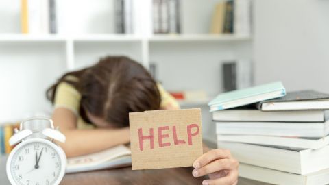 Eine gestresste Studentin liegt mit dem Kopf auf einem Buch, während sie ein Schild mit „HELP“ in der Hand hält, umgeben von vielen Büchern und einer Uhr.