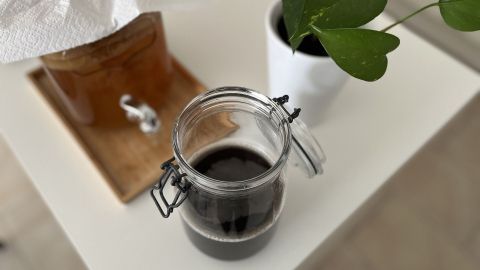 Ein Glas mit Kaffee-Kombucha steht auf einem weißen Tisch, umgeben von einer Pflanze und einem großen Glas mit SCOBY.