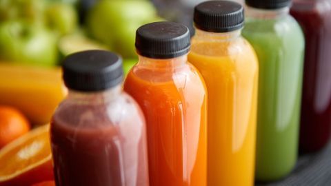 Fünf bunte Saftflaschen stehen nebeneinander auf einem Tisch, umgeben von frischem Obst, bereit für eine 3-Tage-Saftkur.