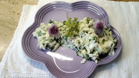 Ein Mairübchensalat mit Gurke wird auf einem lila Teller serviert, neben zwei Bratwürsten auf einem weißen Teller.