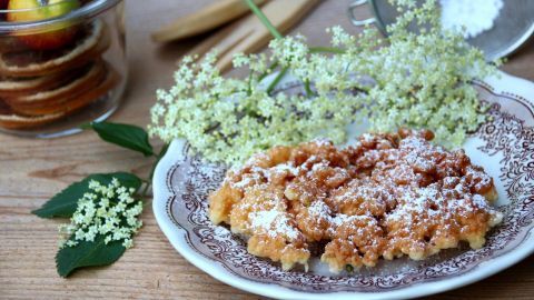 Auf einem dekorativen Teller liegen frisch frittierte Hollerküchle, bestreut mit Puderzucker, umgeben von Holunderblüten.