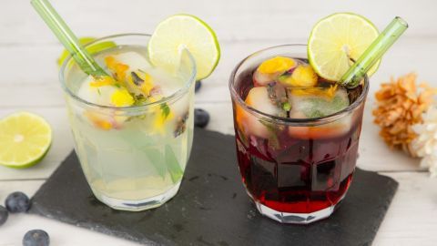 Transparent Gläser mit bunten Eiswürfeln und Blumen, serviert auf einer schwarzen Platte neben Limetten und Beeren.