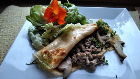 Ein saftiges gefülltes Omelett mit Hackfleisch liegt auf einem weißen Teller, umgeben von frischem Salat und Kräutern.