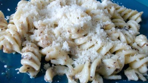 Leckere Nudeln mit cremigem Trüffelpesto und einer dichten Schicht Parmesan auf einem blauen Teller.
