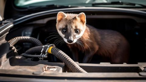 Ein Marder sitzt neugierig im Motorraum eines Autos, umgeben von Kabeln und Schläuchen in der Sonne.
