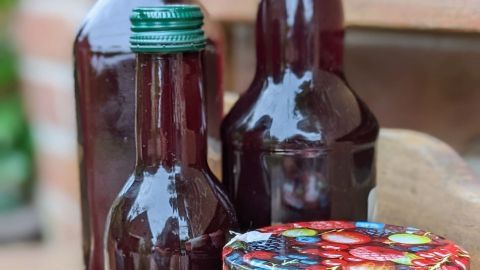 Fünf Flaschen und Gläser mit Brombeerlikör und Marmelade stehen auf einem Holzbrett, umgeben von natürlicher Umgebung.