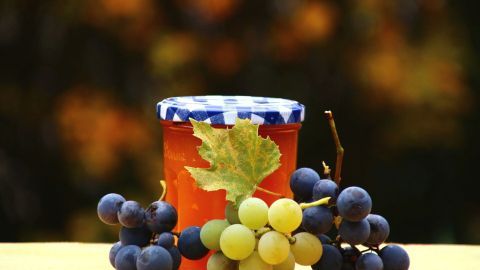 Ein Glas Weintraubengelee steht auf einem Holzbrett, umgeben von blauen und grünen Trauben in einer herbstlichen Umgebung.