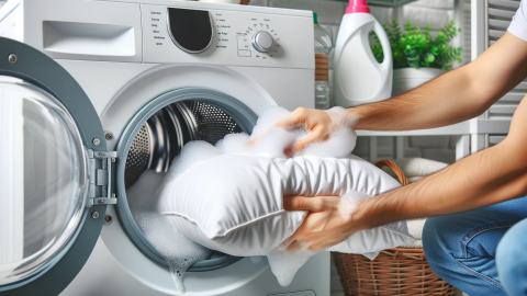 Ein Kopfkissen wird vorsichtig in die Waschmaschine gelegt, während Seifenblasen um das Kissen herum sichtbar sind.