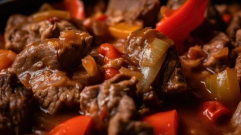 Saftiges Rindergulasch wird in einer reichhaltigen Soße mit buntem Gemüse angerichtet und verströmt einen herzhaften Duft.