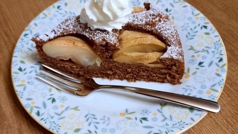 Ein Stück winterlicher Apfelschlupfkuchen liegt auf einem blumigen Teller, garniert mit Schlagsahne und Puderzucker.