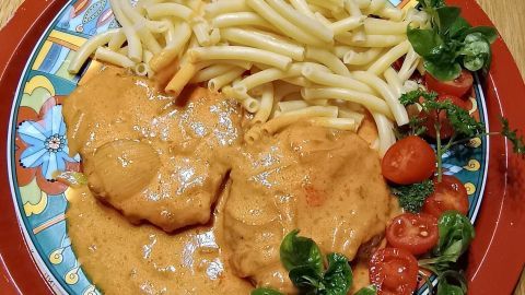 Zarte Rumpsteaks in einer cremigen Soße liegen neben Pasta und frischen Tomaten auf einem bunten Teller.