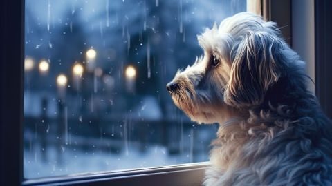 Ein Hund sitzt am Fenster und beobachtet den Regen draußen, umgeben von einer winterlichen, melancholischen Stimmung.