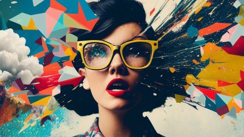 Eine Frau mit gelben Brillen und rotem Lippenstift hat einen überraschten Ausdruck, während bunte geometrische Formen explodieren.