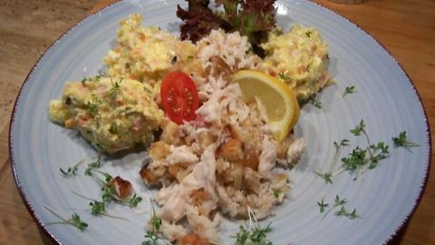 Ein lecker angerichteter Teller mit zartem Winterkabeljau, Zitronenscheibe, Salat und Beilagen wie Kartoffelsalat.