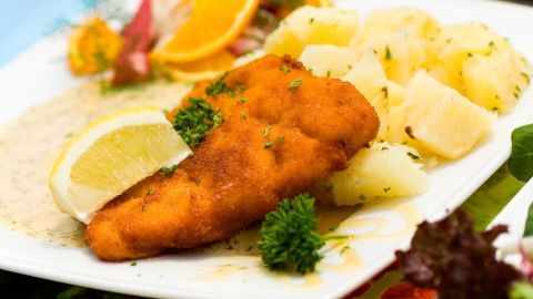 Ein knusprig gebratener Viktoriaseebarsch liegt auf einem Teller, umgeben von Salzkartoffeln und frischen Salatgarnituren.