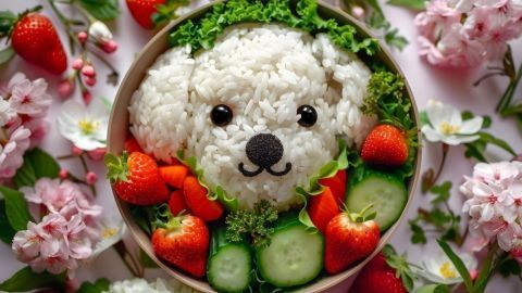 Kreativ gestalteter Reis in Hundekopf-Form liegt in einer Schüssel, umgeben von frischem Gemüse und Blumen.