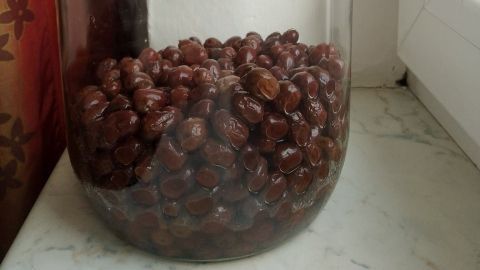 Ein großes Glasgefäß steht auf einem Tisch und enthält viele Oliven, die auf die Ernte warten.