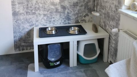 Ein Tisch mit Futternäpfen steht in einer neu gestalteten Ecke, die für Katzen eingerichtet wird, daneben eine Katzentoilette.