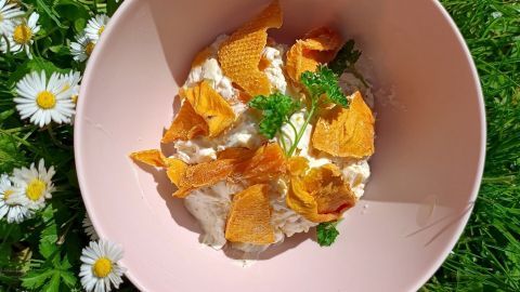 In einer rosa Schüssel liegt Frischkäse, garniert mit Mangostreifen und frischer Petersilie, umgeben von Gänseblümchen.