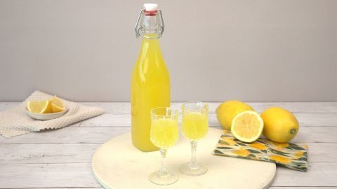 Zwei Gläser mit Limoncello stehen auf einem runden Teller neben einer Flasche und frischen Zitronen.