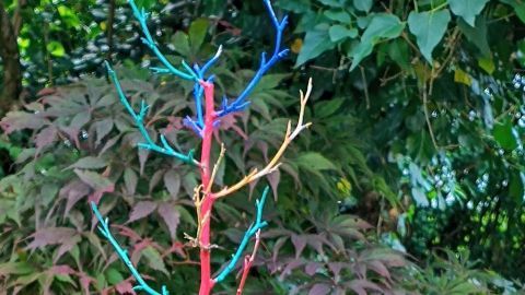 Bunte, bemalte Äste stehen in einem Garten umgeben von grünen Pflanzen und kleinen blühenden Sträuchern.