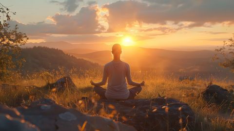 Eine Person meditiert entspannt auf einem Felsen, während die Sonne über den Bergen aufgeht, umgeben von Natur.