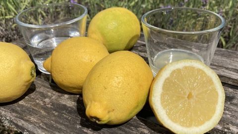 Frische Zitronen liegen auf einem Holztisch, einige werden für die Zubereitung von Zitronenwasser verwendet.